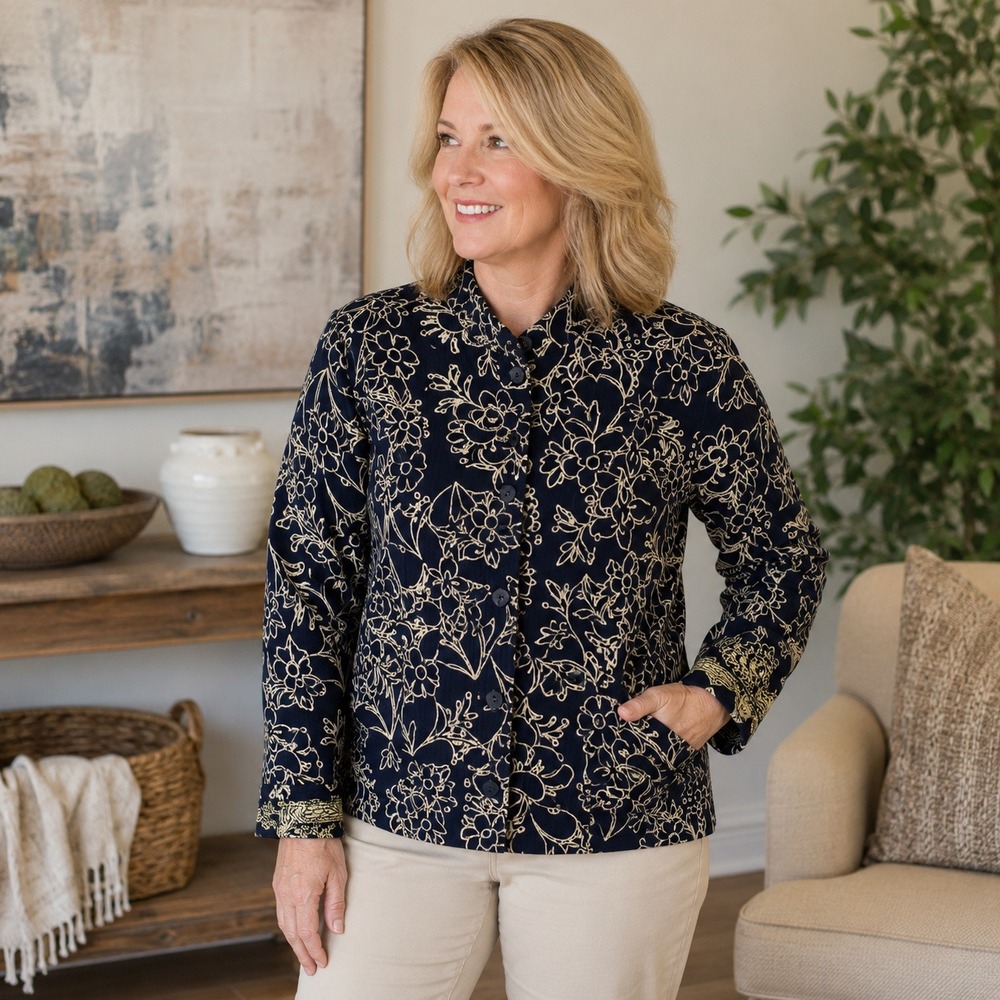 Draper's & Damon's Reversible Quilted Jacket‎ XL Navy Beige Floral NWT